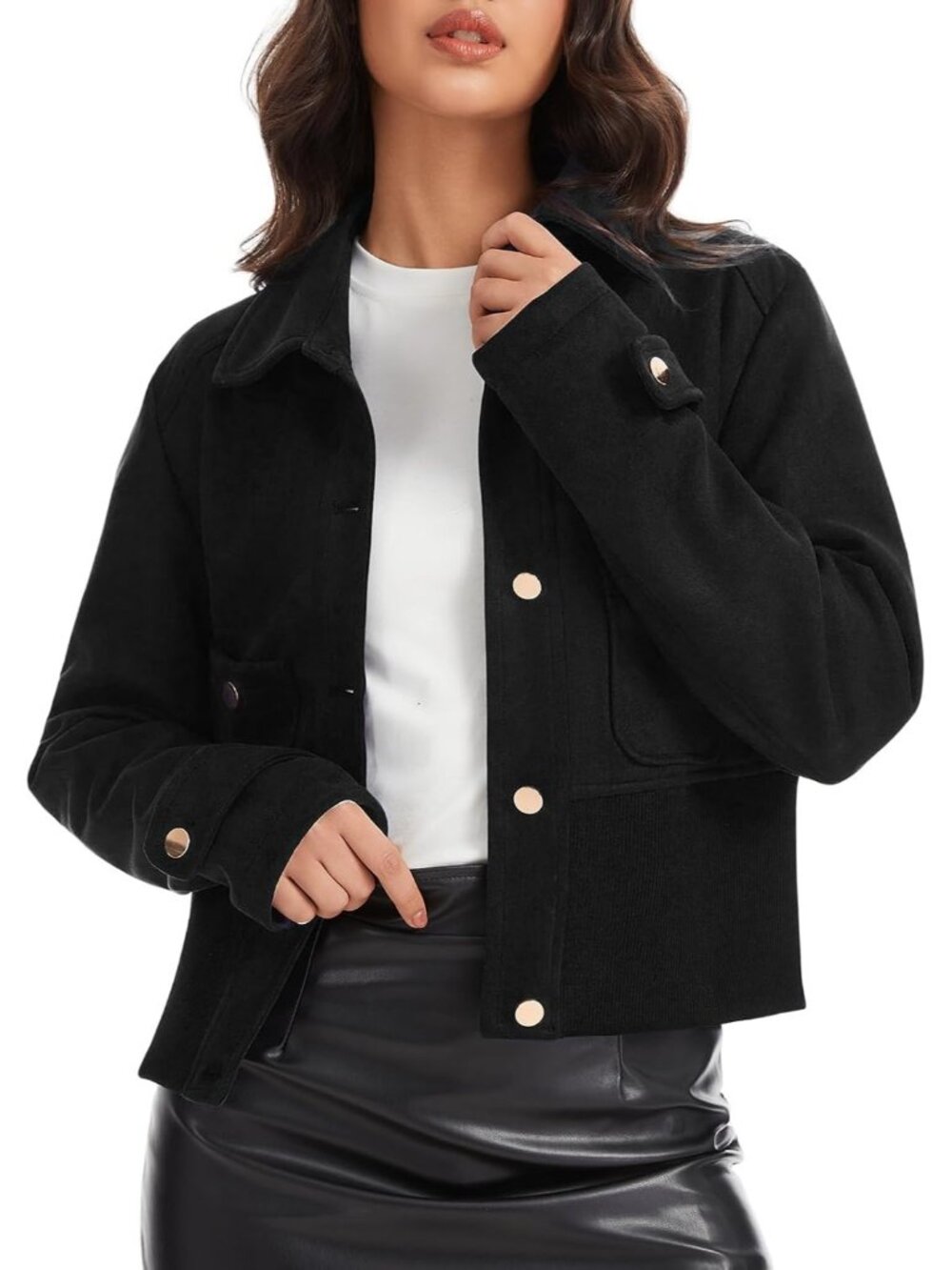 Women’s Black Faux Suede Button Down Pocket Lightweight Coat Cropped Jacket